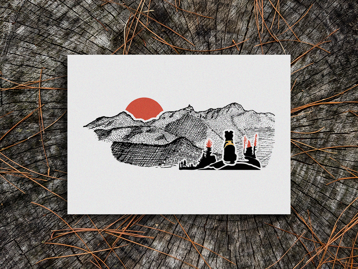 Montañas - Sunset Hiking Dog Art Print